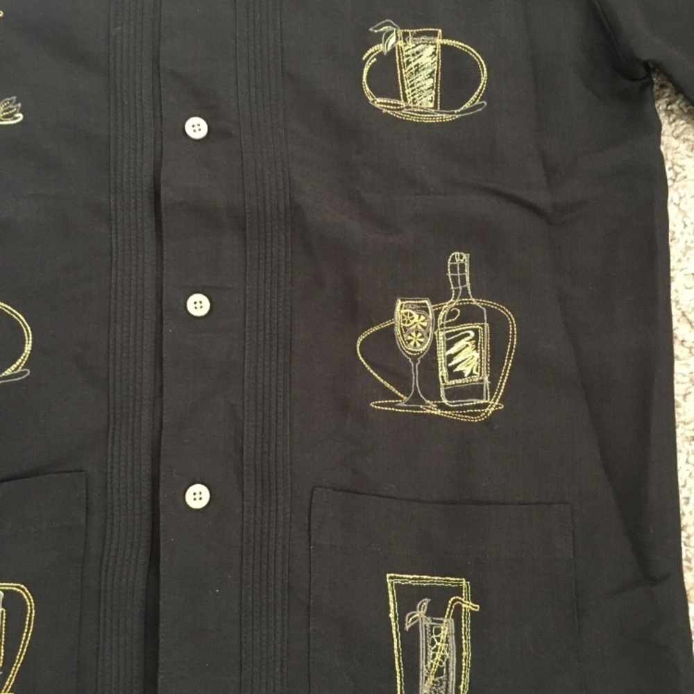 Black Embroidered Button-Up Shirt with Yellow-Green Beverage Motifs - Picture 4 of 6